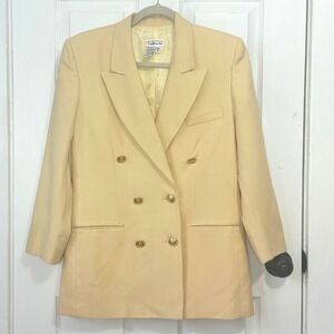 Talbots Vintage Butter Yellow Worsted Wool Double Breasted Crest Button Blazer 8